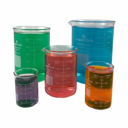 Supertek Glass Beakers, 50, 100, 250, 600, 1000ml, 5-Piece Set 15.105.Set